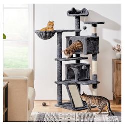 57 inches Cat Tree for Indoor Cats, Multi-Level Cat Tower w/ 3 Perches, 2 Cat Condos, 2 Hanging Balls and Scratching Posts, Dark Gray