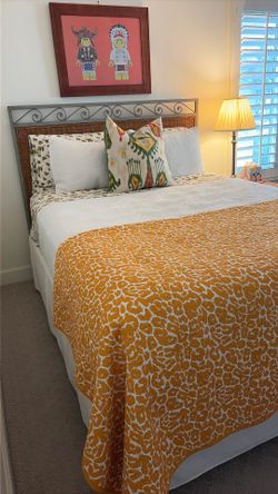 Queen Wicker and Metal Headboard and Side Table