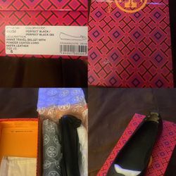 Tory Burch Ballet with Powder Coated Logo Size 5 (New with Box) Black