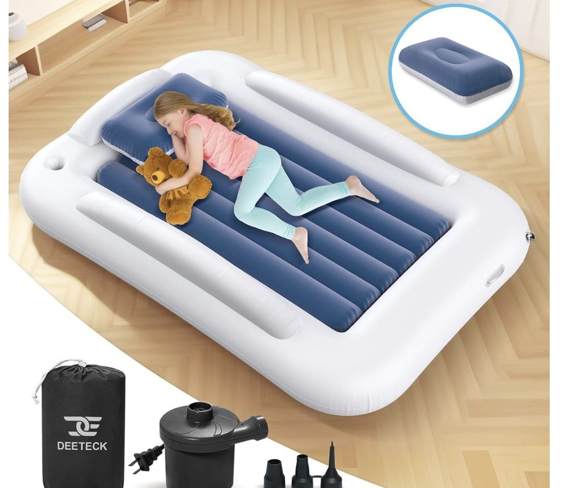 Inflatable Toddler Travel Bed - 60 Inches Portable Toddler Bed for Travel with Safety Sides - Cozy Kids Air Mattress Set with High-Speed Pump & Carry