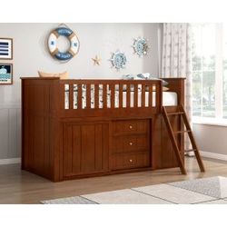 Brand New White/Gray/Brown/Oak Low Loft Twin Bunk with Bookcase and 2 Dressers (82" x 42.5" x 51"H)