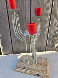 Olive Norma wrought iron 3 arm Saguaro cactus sculpture on a wood base