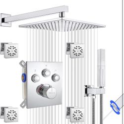 Thermostatic Shower System with 4PCS Body Jets Chrome, Push Button Diverter Shower Faucet with 2 in 1 Handheld, Wall Mount 10 Inch Shower Head