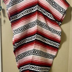 Adult Striped Mexican Blanket PONCHO Pancho Costume Festival Pullover RED/CORAL