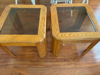 PAIR OF OAK END TABLES WITH SMOKED GLASS TOP