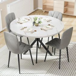 Round Kitchen Table and Chairs Set, 5-Piece Dining Room Table Set with Faux Marble Top & 4 Luxury Diamond Tufted Chairs, Used in Kitchens and Dining