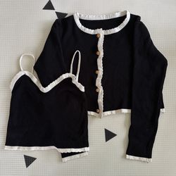 Black Contrast Trim Scallop Knit Cardigan + Ribbed Knit Cropped Camisole Top