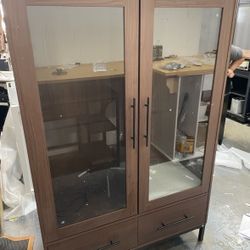 Minor Scratches AS IS Assembled New 60'' Tall Display Cabinet with Tempered Glass Door, LED Lighting, Two Drawers, Modern Style Storage Cabinet