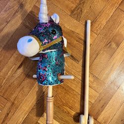Sequin Plush Unicorn Stick Horse Wood Wheels + Galloping Sounds 36 Inches