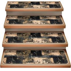 Set of 15 Skid-Resistant Carpet Stair Treads – Distressed Leaves – Faded Blue & Beige