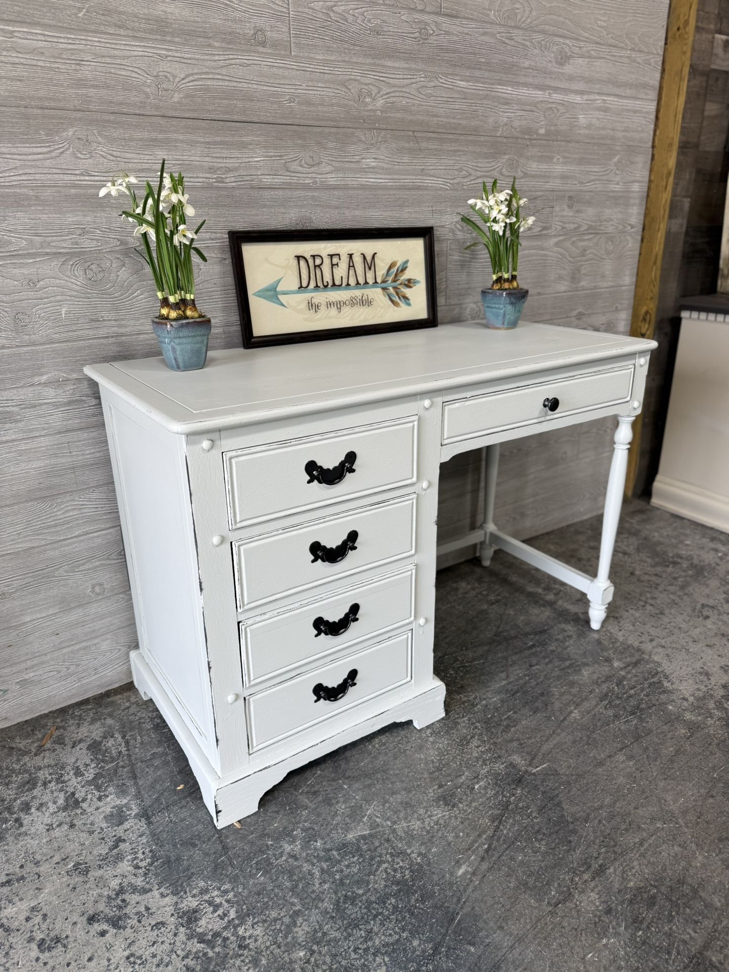 Medium size DESK (could be a vanity) white distressed- solid wood