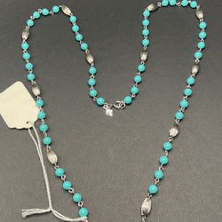 30” SilverTone And Turquoise Beaded Necklace,by Sarah Cov