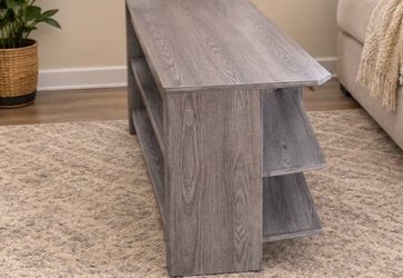 Gray Wood-Grain TV Stand with Side Shelves