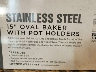 All clad Stainless steel 15 oval baker with pot holders NEW
