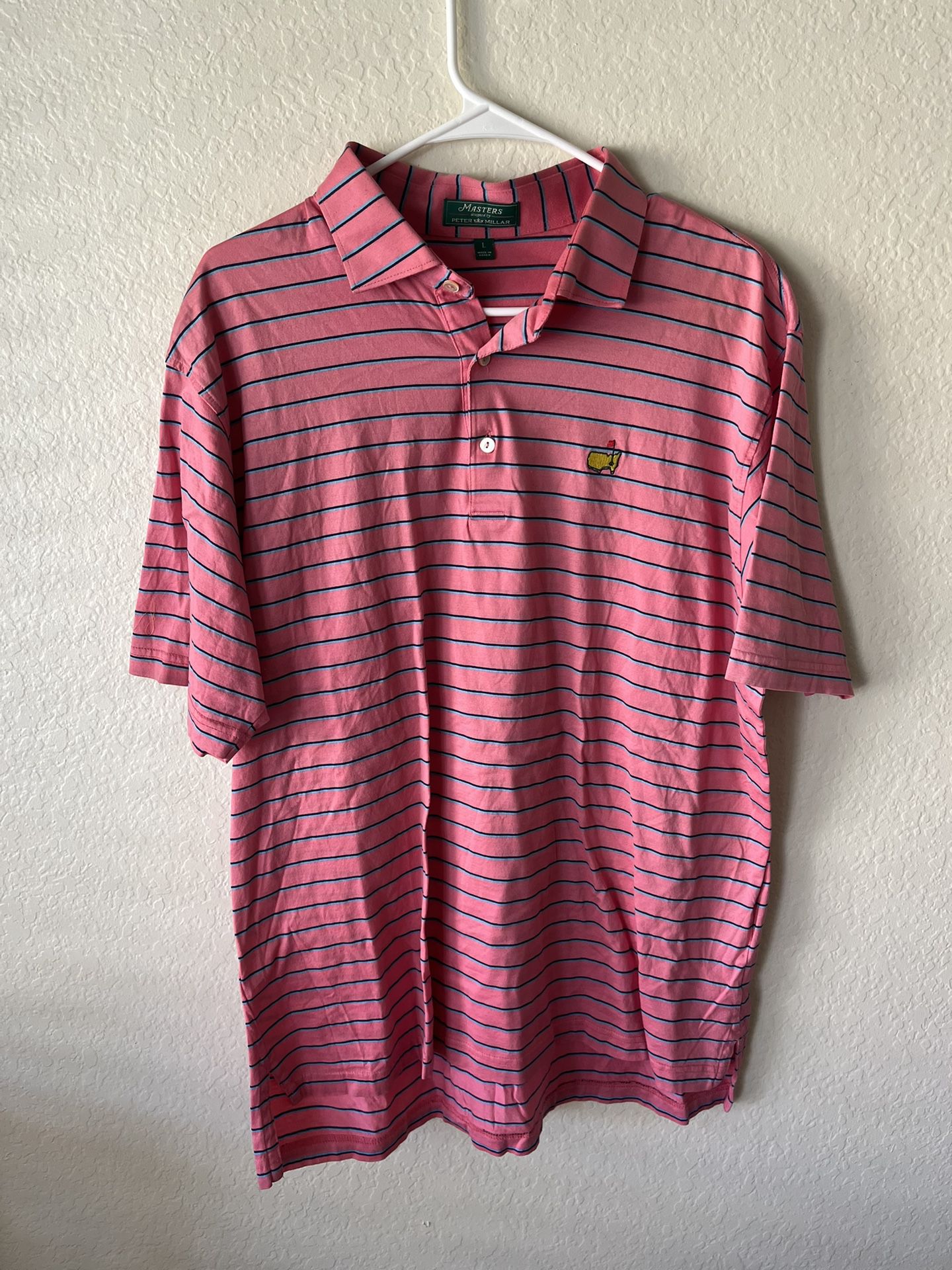 Masters Designed by Peter Millar Polo Shirt Mens Large Pink Striped Golf