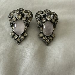 Pale Pink Stone & Silver Metal Earrings 