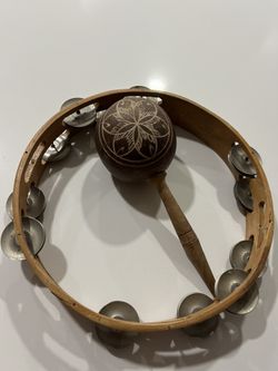 Vintage Tambourine 9 Inches Circular And A Maraca Percussion Vintage From Cuba Set