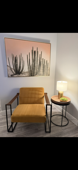 Lounge Velour Chair - Orange with Leather- Black metal