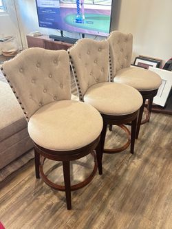 Set of 3 Tufted Swivel Barstools with Nailhead Trim