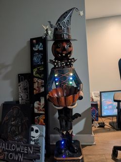 56.25" Tall Metal Pumpkin Soldier with Candy Bowl & Multicolor Lights
