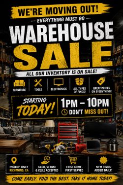 🚨 Warehouse Moving Sale – Furniture, Tools, Electronics & More! Everything Must Go