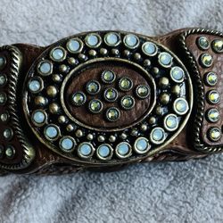 1970s Vintage Brown Leatherrock Leather Rock Western Jeweled Belt Sz XL38 #5597