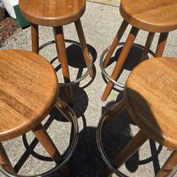 4 Solid Wood, Swivel, Bar Stools With Foot Rest