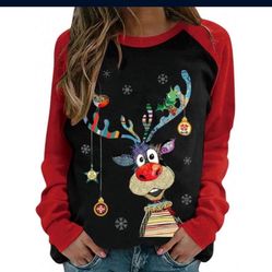 Women's Ugly Christmas Sweatshirt, Funny Reindeer Crewneck Sweatshirt Christmas Tops Vintage Print Blouse