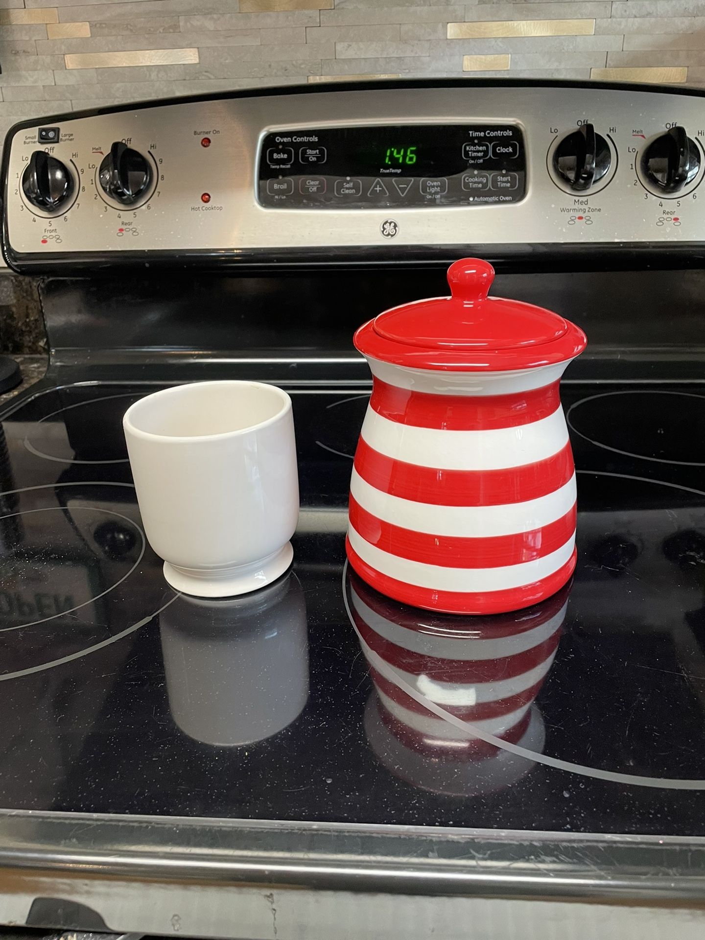 Flower pot and lid canister striped ceramic glazed 