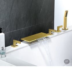 Modern Waterfall Bathtub Faucet Deck Mounted Tub Filler With Handshower In Brushed Gold Sh65