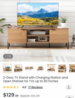 2-Door TV Stand with Charging Station and Open Shelves for TVs up to 65 Inches 📍$50 already assembled pick up only