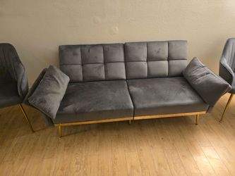 Gray Velvet Futon Sofa and chairs with Gold Legs - 3 piece