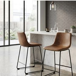 Set of 2 Modern Faux Leather Bar Stools - Minimalist & Chic
