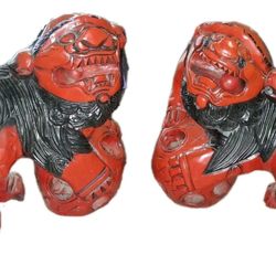 Vintage Japanese Shisa Guardian Lion Foo Dog Statues Pair Red Black Wood 16”X15”