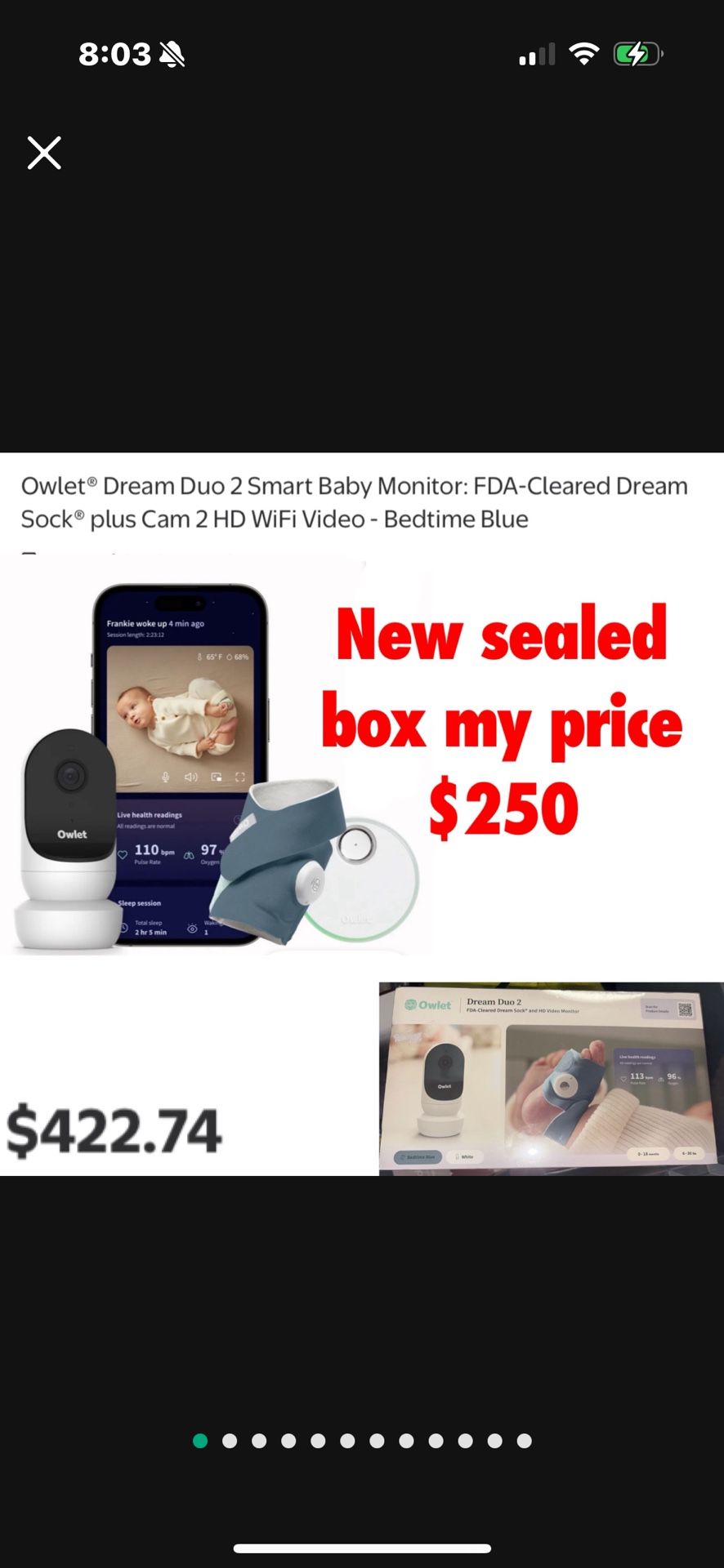 New Owlet® Dream Duo 2 Smart Baby Monitor: FDA-Cleared Dream Sock® plus Cam 2 HD WiFi Video - Bedtime Blue $250 firm cash only /pick up only east Palm