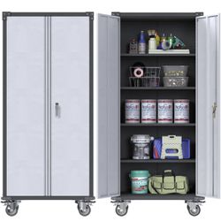 Rolling Metal Storage Cabinet with Doors and Shelves