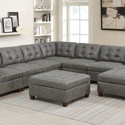 Brand New Antique Grey 9pc Modular Leatherette Sectional Sofa w Ottoman 