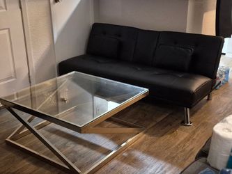 Black Convertible Sofa Bed & Glass Coffee Table Set (Cash only)