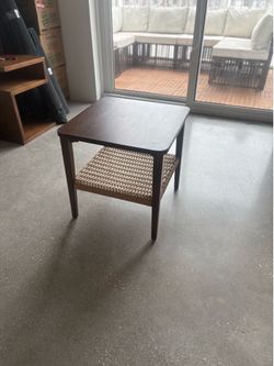 Side Table – Espresso Wood with Woven Shelf