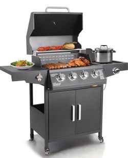 Brand New Propane Gas Grill 4 Burners with Side Burner Freestanding Grill Cart with Wheels