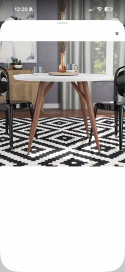 Modern Mid-Century Dining Set | 42” Round White Dining Table + 4 Olive Green Upholstered Chairs |