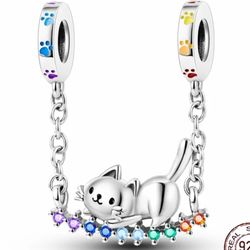 Silver Safety Chain Charm Color Full Paw Cat For Pandora Bracelet And Cuff 