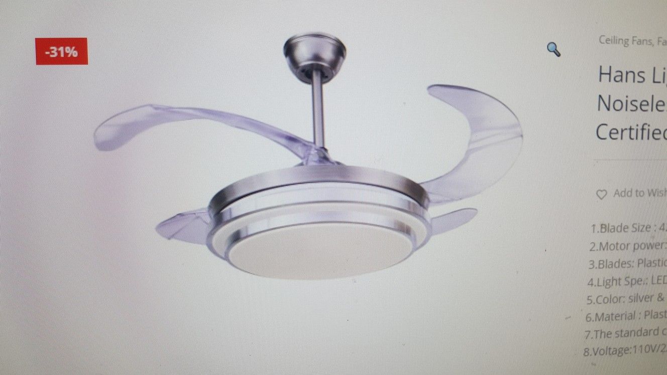 Hans Lighting Modern Ceiling Fan with 36W led Light, Remote Control Noiseless Retractable Chandelier Fan with 4 Pcs Anti dust blades