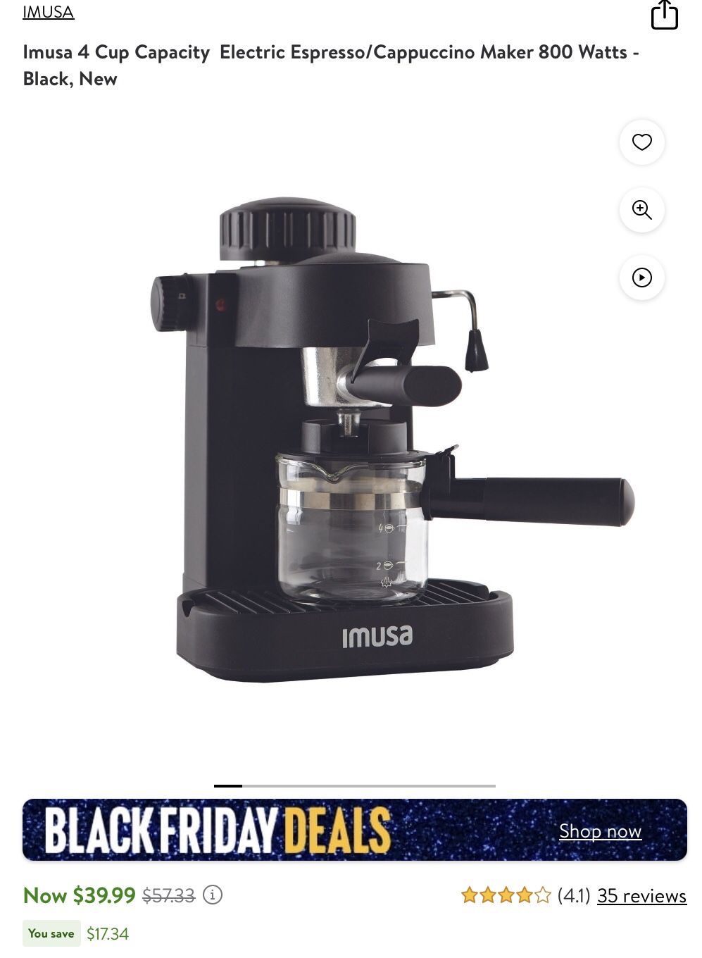 Imusa 4 Cup Capacity Electric Espresso/Cappuccino Maker 800 Watts