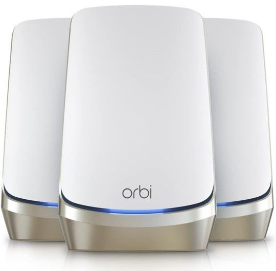 NETGEAR Orbi Quad-Band WiFi 6E Mesh Network System (RBKE963), Router + 2 Satellite Extenders, Security Features, Up to 10.8 Gbps, Coverage up to 9,000