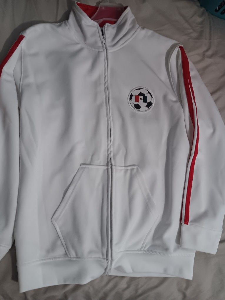 Men's Or Women's Large White & Red Striped Soccer Futbol Zip Up Training Jacket