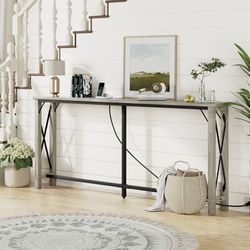 Sofa Tables Narrow Long, Extra Long Console Table with Outlets, 73.2" Behind Couch Table, Grey Farmhouse Entryway Table for Living Room, Hallway, Foye
