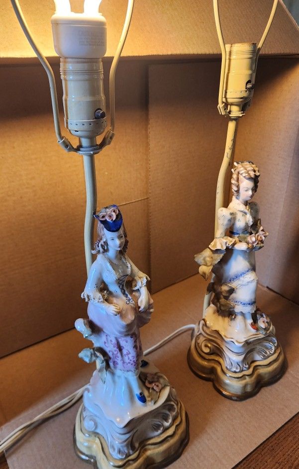 Pair Of Vintage Porcelain Victorian Lady Lamps