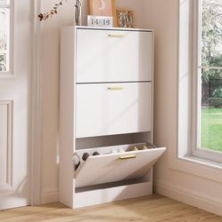 Shoe Cabinet, Free Standing Tipping Bucket Shoe Rack Organizer with 3 Flip Drawers, Modern Entryway Shoe Storage with Top Display, Narrow Slim Hidden 