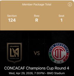 Selling 6 Tickets to LAFC vs TOLUCA, CONCACAF Champions Cup Round 4
On Wed, Apr 29 2026, 7:30 PM